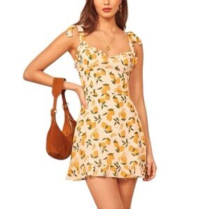 Reformation Christine Lemon Print Ruffled Georgette Tie Shoulder Mini Dress - 2